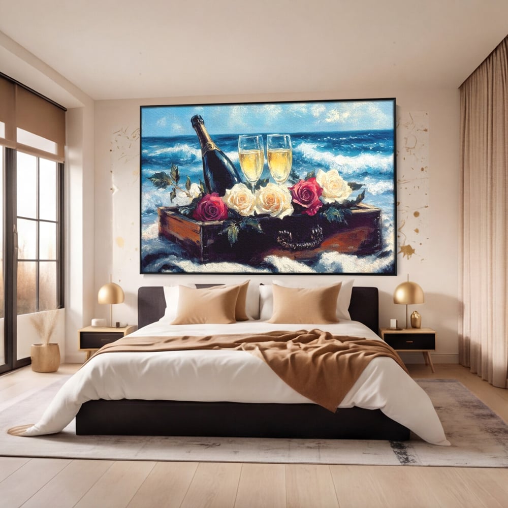 Tablou canvas cu pictura cu sampanie si trandafiri pe malul marii, in rama de aluminiu negru, pe perete intr-un dormitor